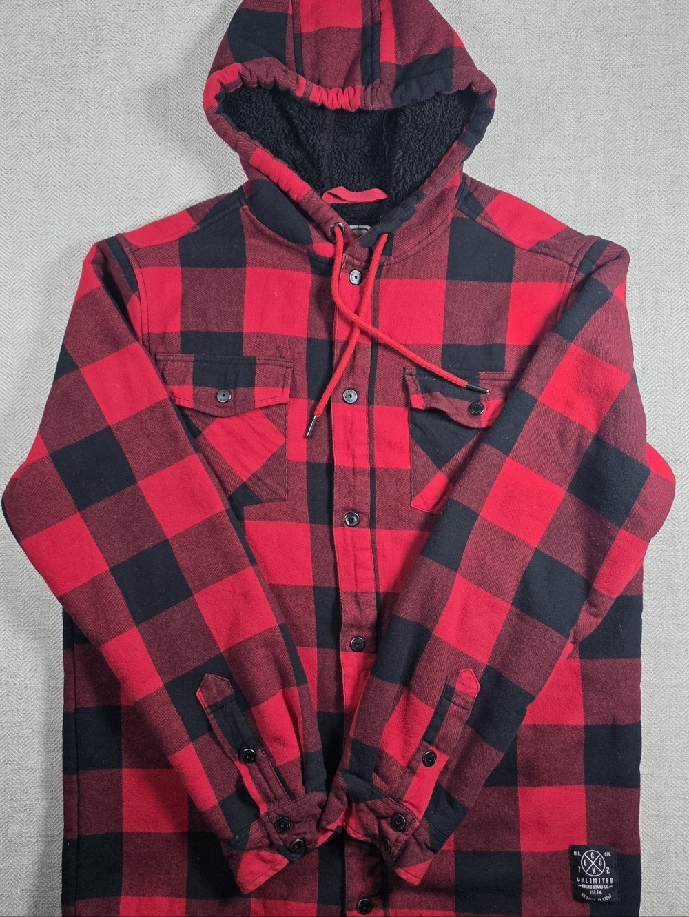Ecko Unltd Men's Large Red Black Buffalo Plaid Sherpa Lined Flannel Hoodie Jacke